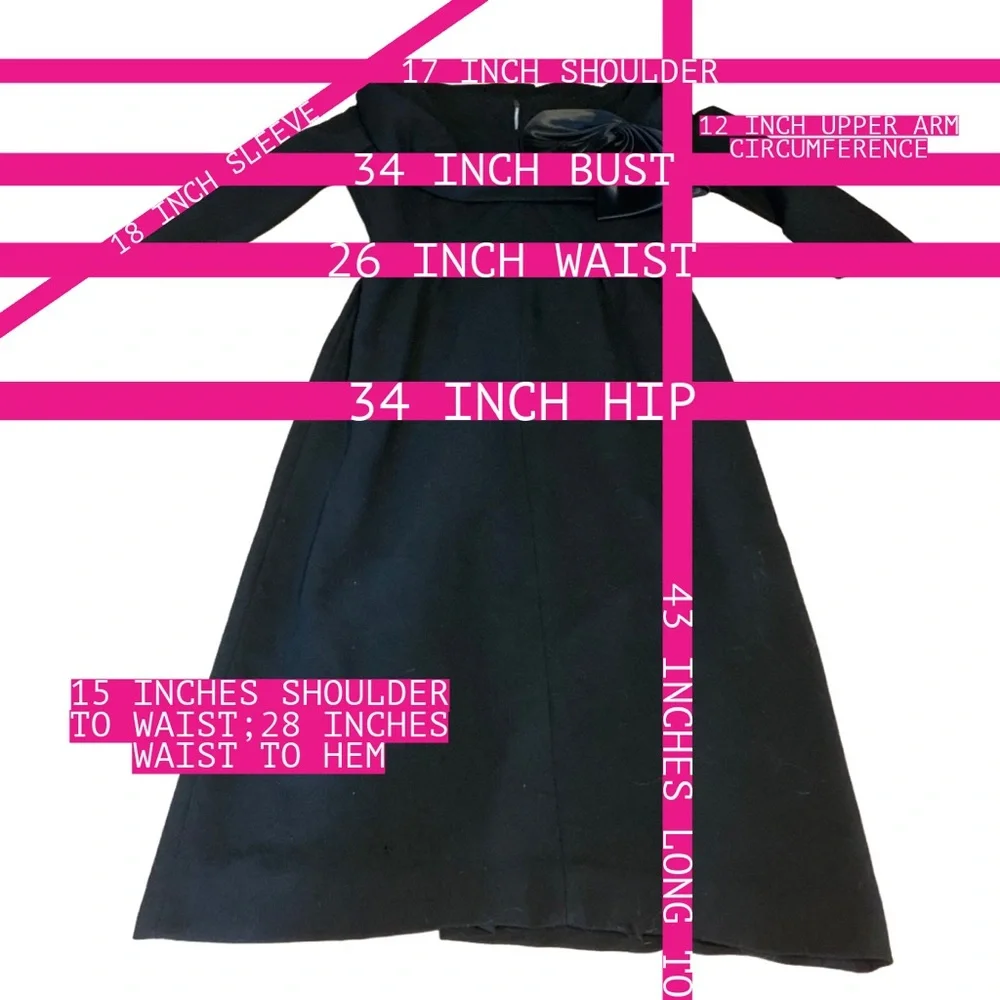 VINTAGE 1960'S CAROL CRAIG BLACK WOOL COCKTAIL WIGGLE DRESS (S) - Picture 13 of 14